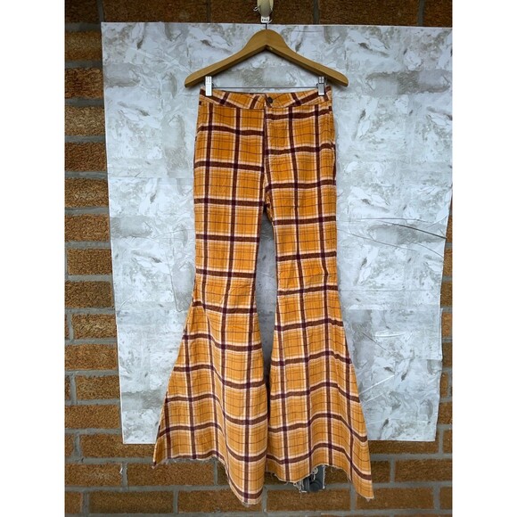 FREE PEOPLE Plaid Float On Flare Corduroy Pants size 28 - Picture 1 of 12